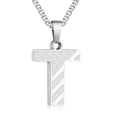Imagem de Zocomi Colar com pingente de inicial da bandeira americana para homens e meninos, corrente de aço inoxidável 316L A-Z caixa de letras 50 + 5 cm joias presentes, Aço inoxidável, Sem Pedra Preciosa