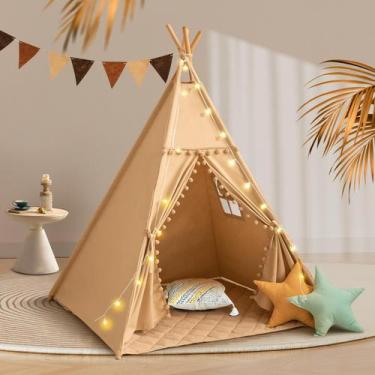Imagem de Tenda Teepee Wirhao para crianças com tapete de algodão, lona e luzes