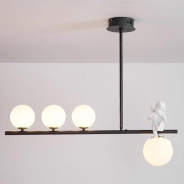 Imagem de Lustre de vidro linear moderno dourado, lustre fosco, bola branca, vidro leitoso, pendente, luz de teto, anjo, fazenda, luz para cozinha, ilha, sala de jantar, sala de estar, preto-4 luzes