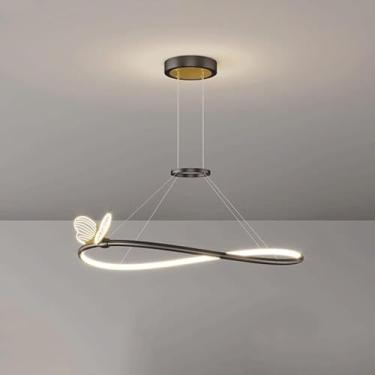 Imagem de Lustre pendente de metal LED, lustre contemporâneo para sala de jantar e sala de estar, regulável com controle remoto, luz de teto suspensa de alumínio para cozinha, hall de entrada e quarto