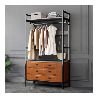 Imagem de Prateleira para casacos, cabide de chão com gaveta, suporte de armazenamento, quarto, penteadeira, sala de estar, cabide de metal (laranja + cinza)