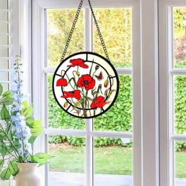 Imagem de Pendurado em janela manchada de flores de papoula vermelha, painel grande de acrílico para janela de apanhador solar de 30 cm, decoração de parede de flores de dupla face para café, casa, presente