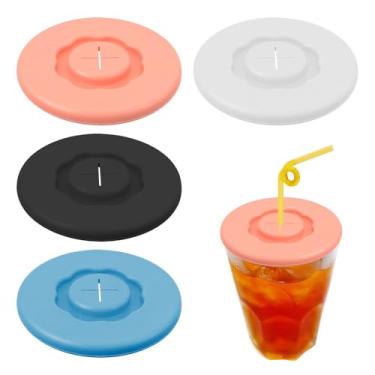 Imagem de 4 peças de tampa de canudo de silicone com tampa de pote de 9,5 cm capa reutilizável com orifício de palha, tampas de substituição para copos de lata de cerveja, reutilizável para proteção de álcool