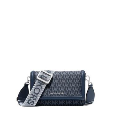 Imagem de Michael Kors Bolsa tiracolo pequena para celular Jet Set, ferragens prateadas/tonal MK Signature Nylon com logotipo MK/Almirante/azul claro