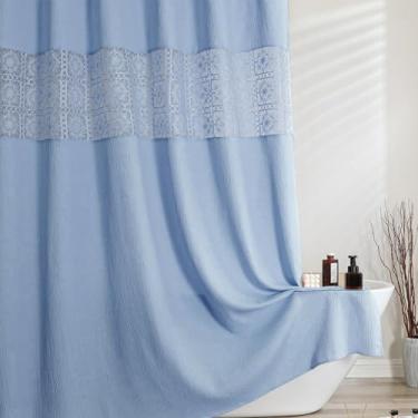 Imagem de OVZME Cortina de chuveiro extra longa azul celeste, 246 cm de comprimento, cortinas de chuveiro com enrugamento texturizado, com corte bordado, macio, pesado, lavável na máquina, decoração de banheiro