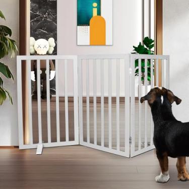 Imagem de SFJC Portão interno para cães, cerca independente para casa, portas, corredores ou escadas, portão para animais de estimação dobrável de madeira, expansível 81 cm de altura, 3 painéis, cinza