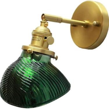 Imagem de Luminária de parede de latão com interruptor, abajur de cabeceira, abajur de vidro verde, luminária de parede vintage E27, iluminação de parede interna retrô para quarto, sala de estar, corr