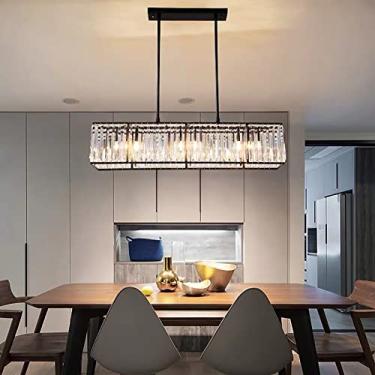 Imagem de Lustre de cristal linear moderno de luxo para sala de jantar e cozinha, luminária pendente retangular preta de 31 x 14 polegadas