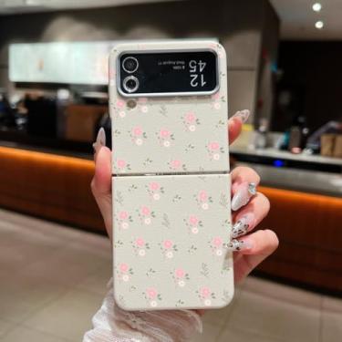 Imagem de Capa dobrável de TPU com textura de couro estampado com flores pequenas para Samsung Galaxy Z Flip6 (para Samsung Galaxy Z Flip6/A603 bege e branco)