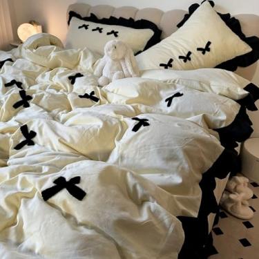 Imagem de Minoki Elegante conjunto de lençol de cama com laço preto bordado e babados pretos, conjunto de capa de edredom branco creme macio conjunto de cama de mistura de algodão para quarto de princesa, ideal