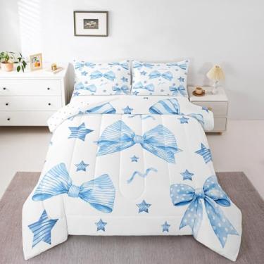 Imagem de Erosebridal Jogo de cama casal com laço azul e azul Kawaii, para meninas, adolescentes, laços, azul e branco, conjunto de edredom de princesa, nó de princesa, estrelas, geométrico, 2 fronhas