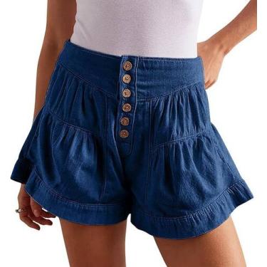 Imagem de Shorts jeans utcoco 2025 femininos de cintura alta, perna larga, azul