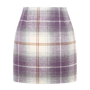 Imagem de Saia Kinghua feminina xadrez de lã, mini bodycon de cintura alta