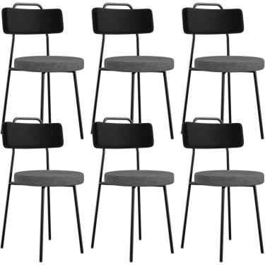 Imagem de Kit 06 Cadeiras Estofada Sala De Jantar Barcelona L02 Couríssimo Preto Linho Cinza Escuro - Lyam