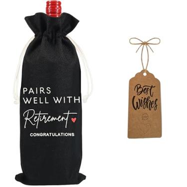 Imagem de Julont 1 presente de aposentadoria para mulheres e homens, presentes de despedida para amigos, saco de vinho de aposentadoria com 1 peça de cartões de bênção Kraft e corda de juta natural (preto)