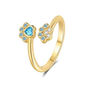 Imagem de Cat Paw Print Adjustable Open Ring for Women Teens Tiny CZ Expandable Small Finger Knuckle Pinky Rings Promise Eternity Stacking Wrap Ring for Daughter Birthday Xmas Gifts 7# (Blue CZ, Golden)