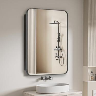 Imagem de FOMAYKO Armário de remédios para banheiro com porta espelhada emoldurada de aço inoxidável – Prateleiras de vidro de remoção, armário de armazenamento de banheiro montado na parede (preto, espelho: 51