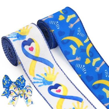 Imagem de Blinket 2 rolos de fita de conscientização da síndrome de Down de 6,3 cm para arco de grinalda, fita de coração de mão para ornamentos faça você mesmo artesanato decoração fazendo laços de cabelo