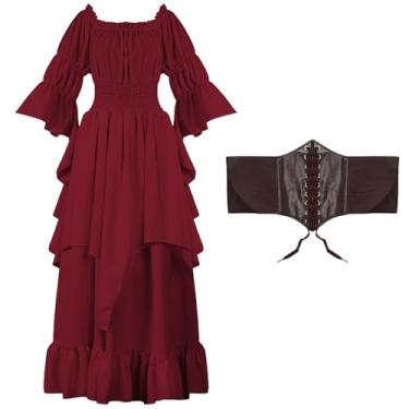 Imagem de Hqroidd Vestido feminino vitoriano renascentista, fantasia gótica medieval, vestido de quimise de pirata de bruxa, vestido de manga comprida (vermelho, P/M)