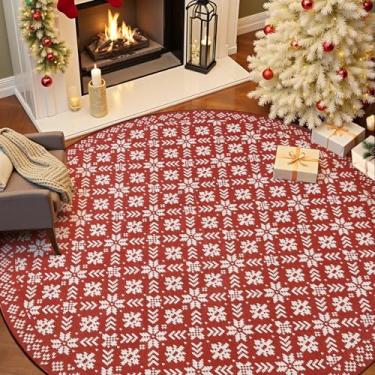 Imagem de jinchan Tapete de Natal redondo de malha para sala de jantar 2,1 m círculo vermelho tapete de férias para sala de estar clássico floco de neve impresso tapete interno macio 2,8 m para quarto lavável