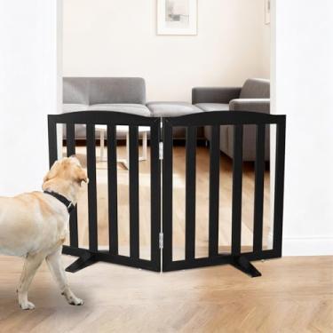 Imagem de SFJC Portão interno independente para cães, portões dobráveis para cães, escadas ou corredores, portão preto de madeira para animais de estimação para casa, cerca para animais de estimação com pés de