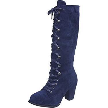 Imagem de Botas de renda casual retrô fashion vintage salto grosso meio da panturrilha, Azul, 40 BR