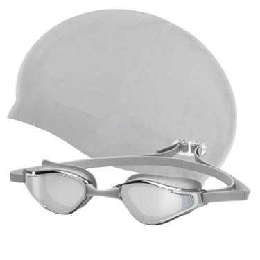 Imagem de Kit Óculos de Natação Espelhado e Touca Antiembaçante com Proteção UV para Treinos e Lazer (Cinza)