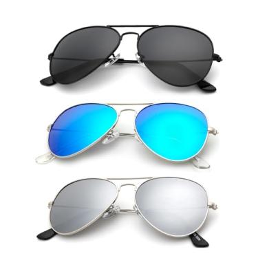 Imagem de Óculos de sol aviador clássicos para homens e mulheres, óculos de sol para dirigir e pescar, pacote com 3, Cinza/azul/prata