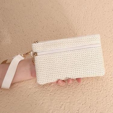 Imagem de Bolsa feminina de tecido de palha boêmia com zíper para praia com alça de pulso para viagens, piscina, festas, todos os dias, Branco