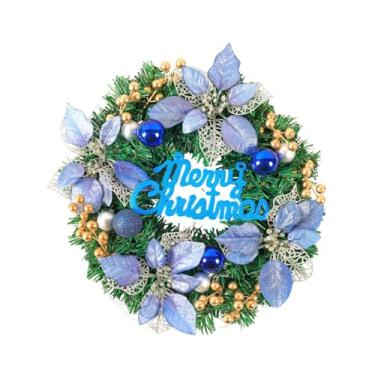 Imagem de Ｂｅｓｇａ Guirlanda de porta de Natal Feliz, coleção de Natal, pano de fundo, flor de poinsétia artificial, folhas verdes para árvore de festival, Azul 30cmx8cm
