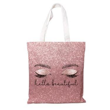 Imagem de Sacolas de lona rosa estética - Hello Beautiful, bolsas de praia de fim de semana para mulheres, sacola de compras de algodão reutilizável, bolsa de viagem com sombra de glitter engraçada, presente