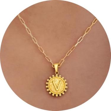 Imagem de Colar com inicial para mulheres, colar com pingente de letra, corrente de clipe de papel, joia de monograma, moeda do alfabeto, pronto em camadas, 14+2in, Aço inoxidável, Sem Pedra Preciosa