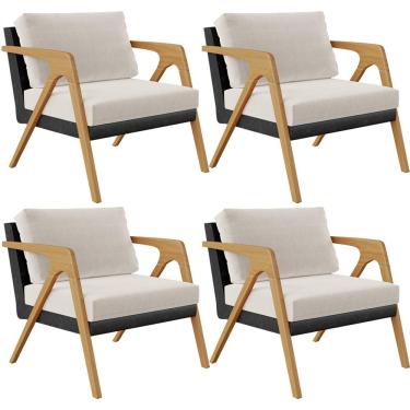 Imagem de Kit 04 Poltronas Decorativa Para Sala De Estar Pietra L02 Couríssimo Preto Linho Cru - Lyam Decor