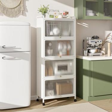 Imagem de HAPPYGRILL Armário móvel de armazenamento de cozinha de 5 camadas, armários de porta dobrável, suporte de pão, suporte de café, rack de padeiro com 4 rodízios bloqueáveis para sala de jantar, sala de