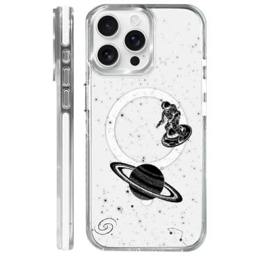 Imagem de MQJCYB Capa magnética para iPhone 15 Pro Max Design em base transparente, compatível com MagSafe, capa protetora fina de TPU macio para telefone feminino e meninas Astronauta Galaxy Earth Cycling
