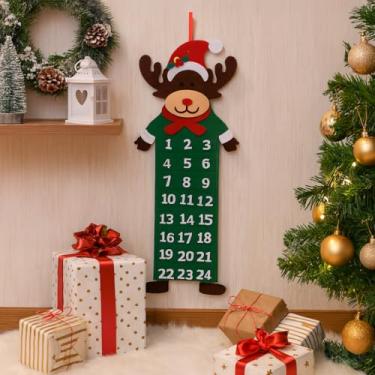 Imagem de Calendário suspenso de feltro de Natal longo, Papai Noel, boneco de neve, rena, enfeite de contagem regressiva (verde)