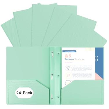 Imagem de EEHZTSI Pacote com 24 de plástico e bolsos e pontas, 2 bolsos e 3 fixadores, pastas pastel para papel de 21 cm x 28 cm para escola, escritório/casa, verde