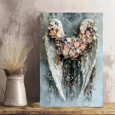 Imagem de Arte de parede em tela rústica vintage com asas de anjo adornadas com flores - Pôster sem moldura de 30 x 45 cm - Ideia de presente para decoração de casa e escritório para sala de estar, quarto