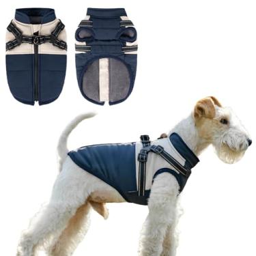 Imagem de COOHAMS Casaco de inverno para cães pequenos e médios, roupa de neve impermeável e à prova de vento, jaqueta de lã, casaco refletivo para filhotes com arnês embutido (azul clássico, pequeno)