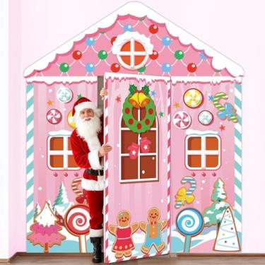 Imagem de 4 peças de decoração de porta de casa de gengibre rosa de Natal Natal capa de porta de gengibre desenho animado casa doces varanda banner sinais doce fundo para festa de férias de inverno casa sala de