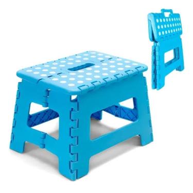 Imagem de Banquinho Dobravel 130kg Plastico Multiuso Resistente Degrau Para Casa Cozinha Banheiro Loja Camping Infantil Azul