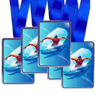 Imagem de Kit 5 Medalhas Para Natação Competição para Campeão Premiação Com Fita Azul