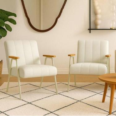 Imagem de Poltrona Sala Decorativa Industrial Dourado Kit 2 Laurita Linho Bege K