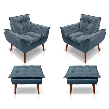 Imagem de Kit C/02 Poltronas Opala + 02 Puffs Opala Elegante Suede Azul Turquesa