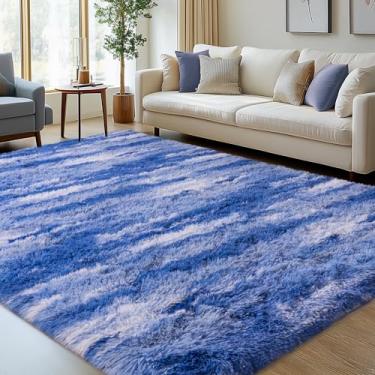 Imagem de Tapetes fofos para quarto, sala de estar, 1,2 x 1,8 m, abstrato, azul, branco, tapete felpudo antiderrapante, para uso interno, moderno, felpudo para dormitório, berçário, decoração de quarto de