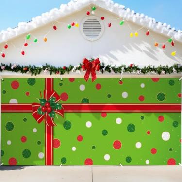 Imagem de HunnmingRe 1,5 x 3,5 m decoração de bandeira de porta de garagem de Natal capas magnéticas grandes de pano de fundo de Natal para festas de Natal internas e externas (bolinhas vermelhas e verdes)