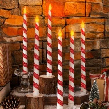 Imagem de 6 velas de Natal sem chama – Velas de LED com listras vermelhas e brancas cintilantes operadas por bateria para centro de mesa de Natal, festas de fim de ano, casamento, decoração de casa no inverno
