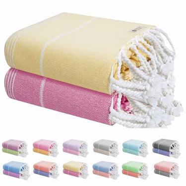 Imagem de HEIRLOOM COMFORT Pacote com 2 toalhas de praia turcas, grandes 102 x 180 cm, sem areia, leve, absorvente, 100% algodão, secagem rápida, piscina, viagem, lavável na máquina - amarelo limão e rosa