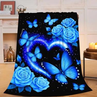 Imagem de Cobertor de borboleta, cobertor de borboleta azul, presentes para mulheres, meninas, amantes de borboletas, lã, felpudo, macio, aconchegante, roupa de cama quente de pelúcia para crianças, adultos