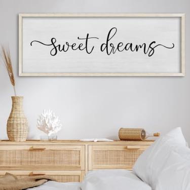 Imagem de FZMHASLWW Decoração de parede Sweet Dreams acima da cama 81 cm x 30 cm moldura de madeira para quarto principal sobre a cama placas de decoração de arte de parede (branco)